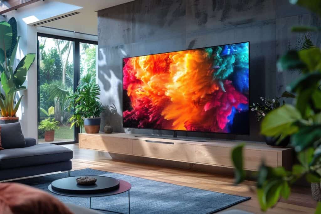 A large screen in a modern living room