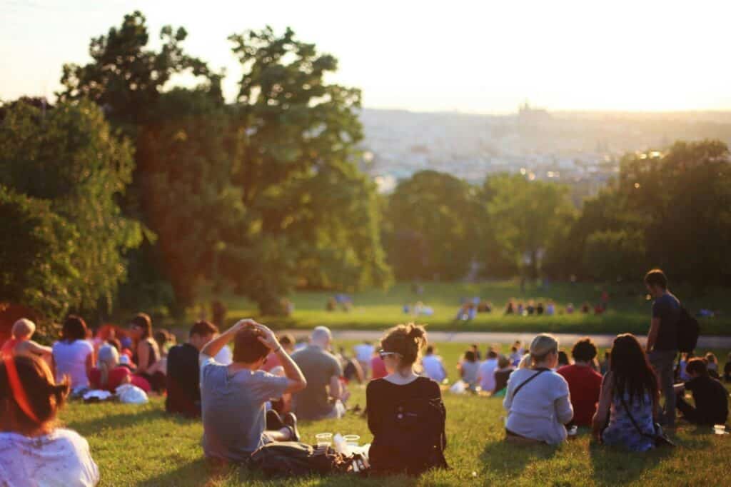 People in the park, waiting for the concert to start