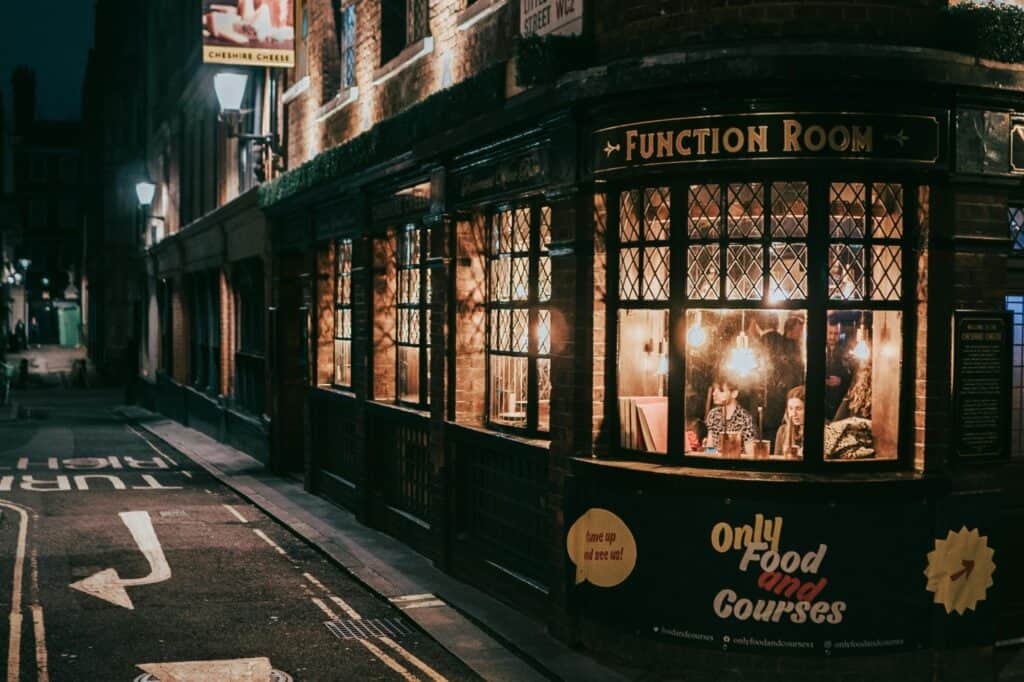 Outside a pub at night