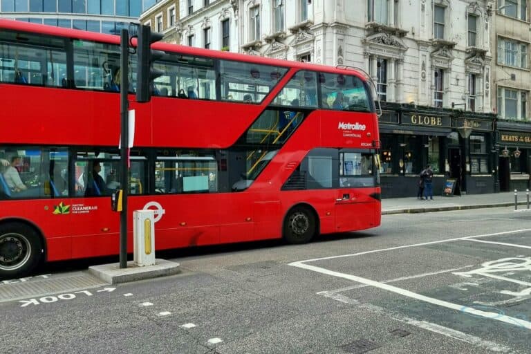 A double-decker in a street of London in the concept of Islington's public transport.